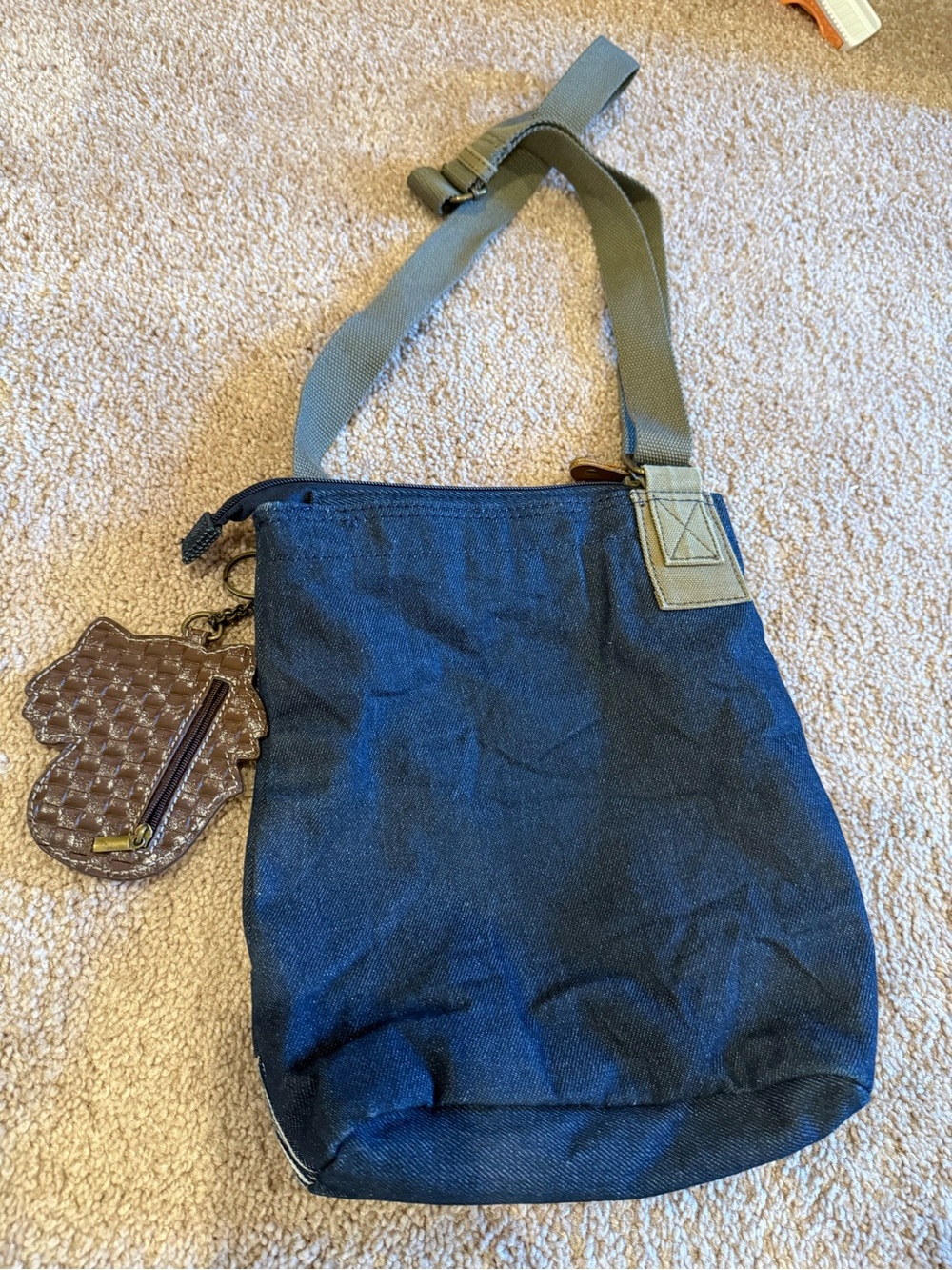 Chala Navy Blue Denim Crossbody Tote with Olive Strap and Brown Accents with Fox - Picture 2 of 3